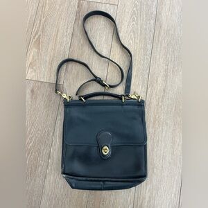 Vintage Flap Crossbody Bag Black Leather With Gold Hardware and Handle